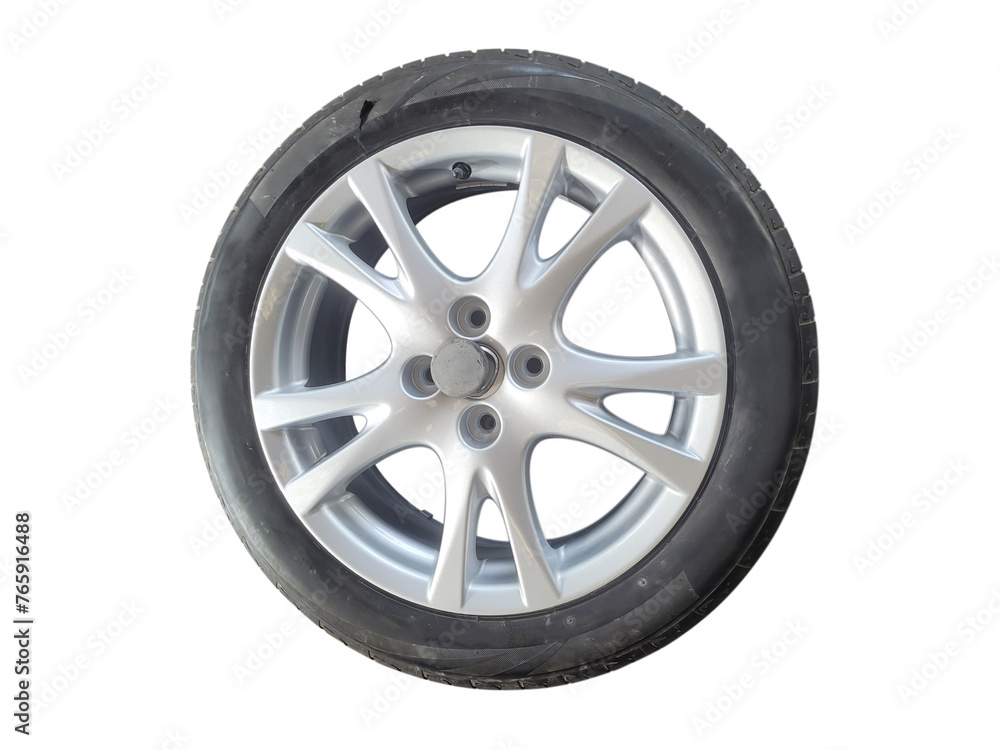 Flat tire or tire explosion after car accident, isolated