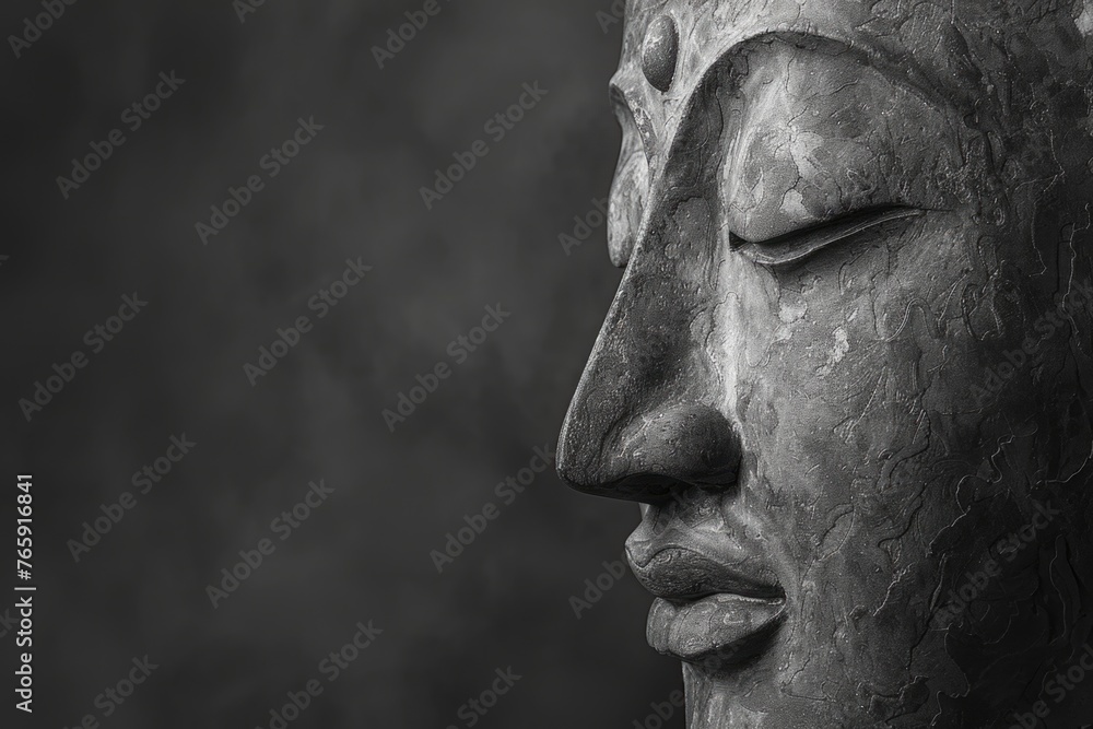 Close-Up Detail of a Buddha Statue's Face in Monochrome