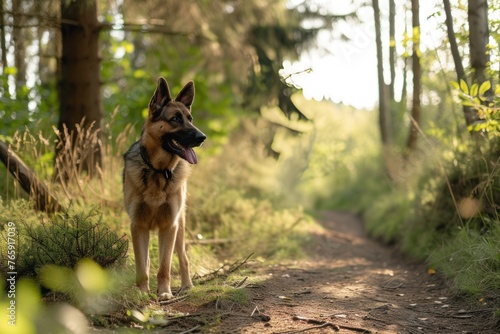 A vigilant German Shepherd patrolling a forest trail, with dappled sunlight filtering through the trees