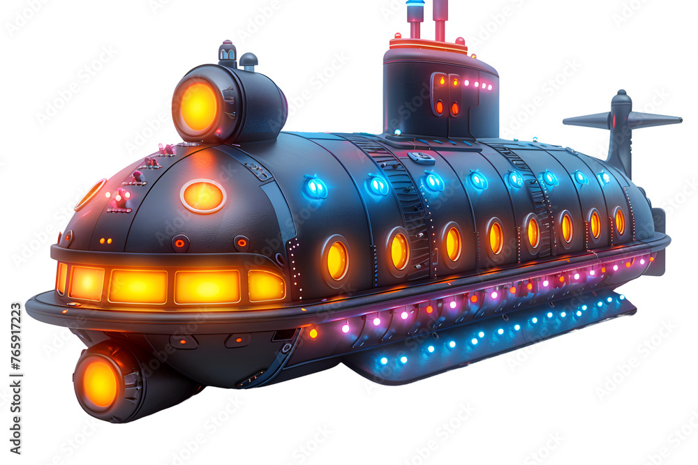 A vibrant 3D cartoon submarine underwater with glowing lights and propellers. - obrazy, fototapety, plakaty 