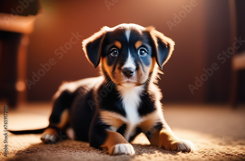Adorable Australian Shepherd puppy sitting on the carpet in the room.