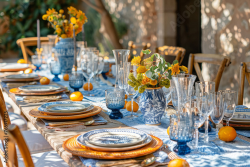 Mediterranean inspired outdoor summer table setting. Generative AI