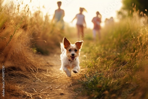 Adorable dog takes the lead, capturing the essence of a carefree summer with people as a gentle blur,