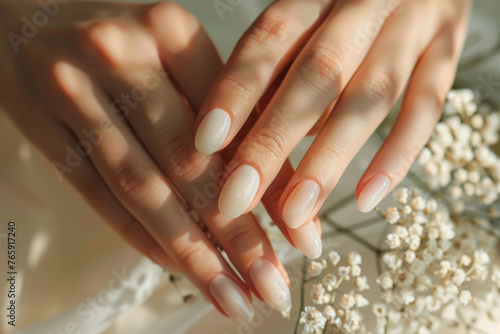 Woman's hands with elegant neutral colors manicure. Generative AI