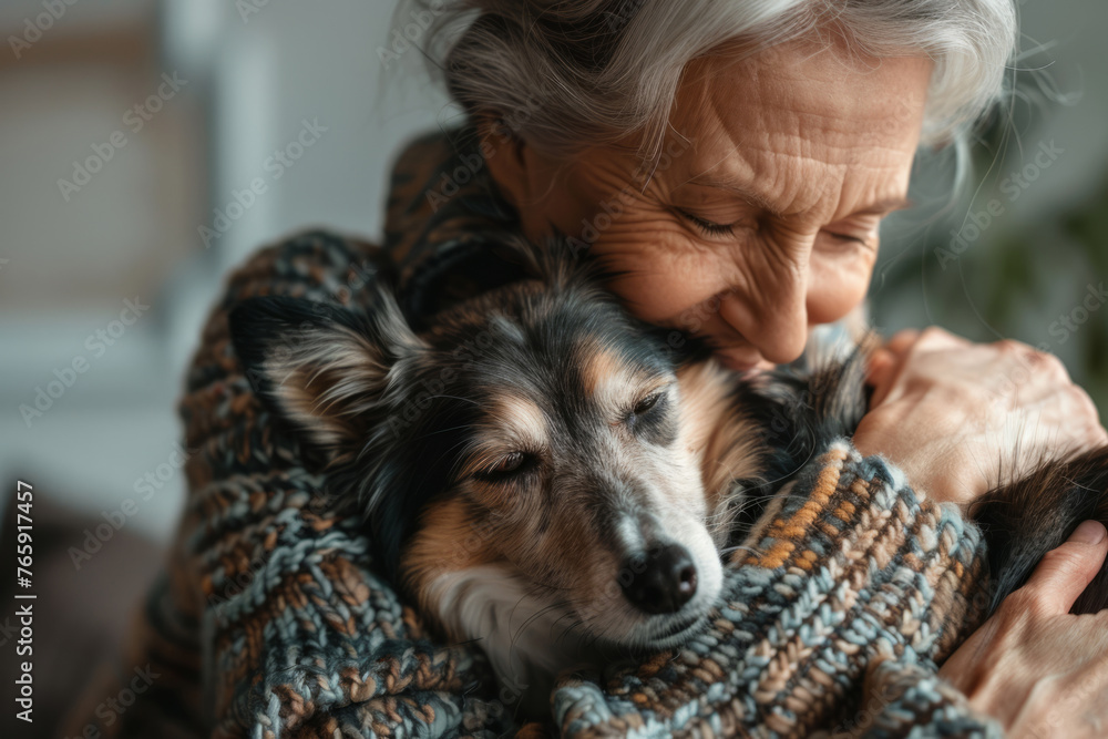 Senior pet owner hugging her healthy and happy dog. Generative AI Senior pet owner hugging her healthy and happy dog. Generative AI