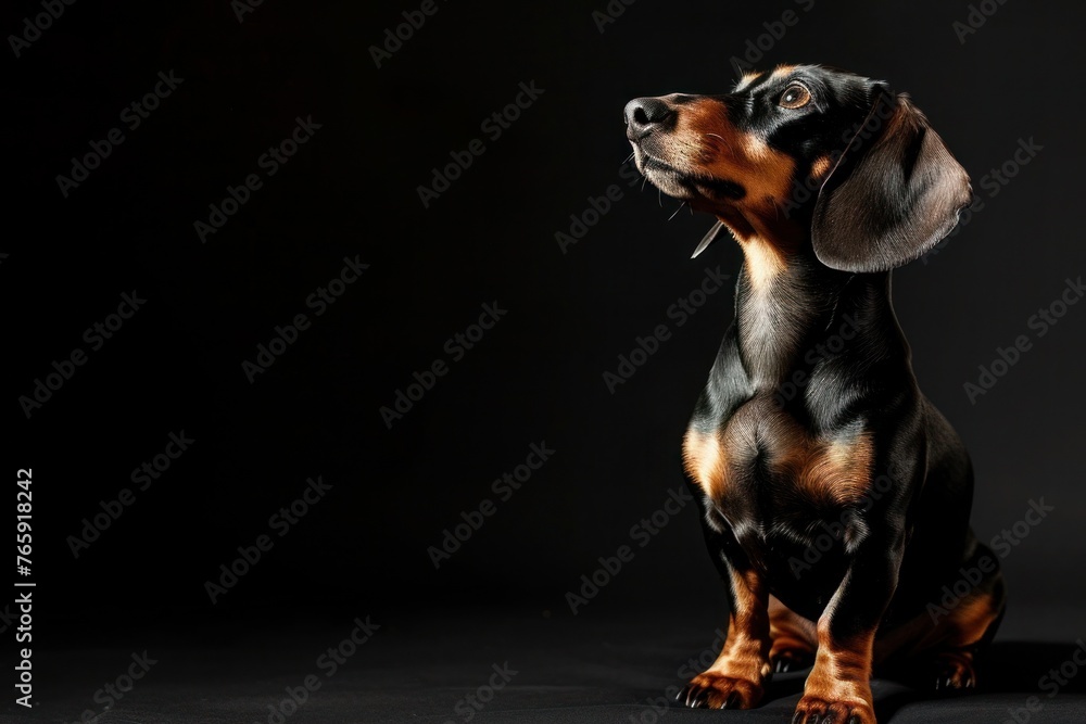 An elegant Dachshund posing gracefully, on the black background with a blank area for adding text.