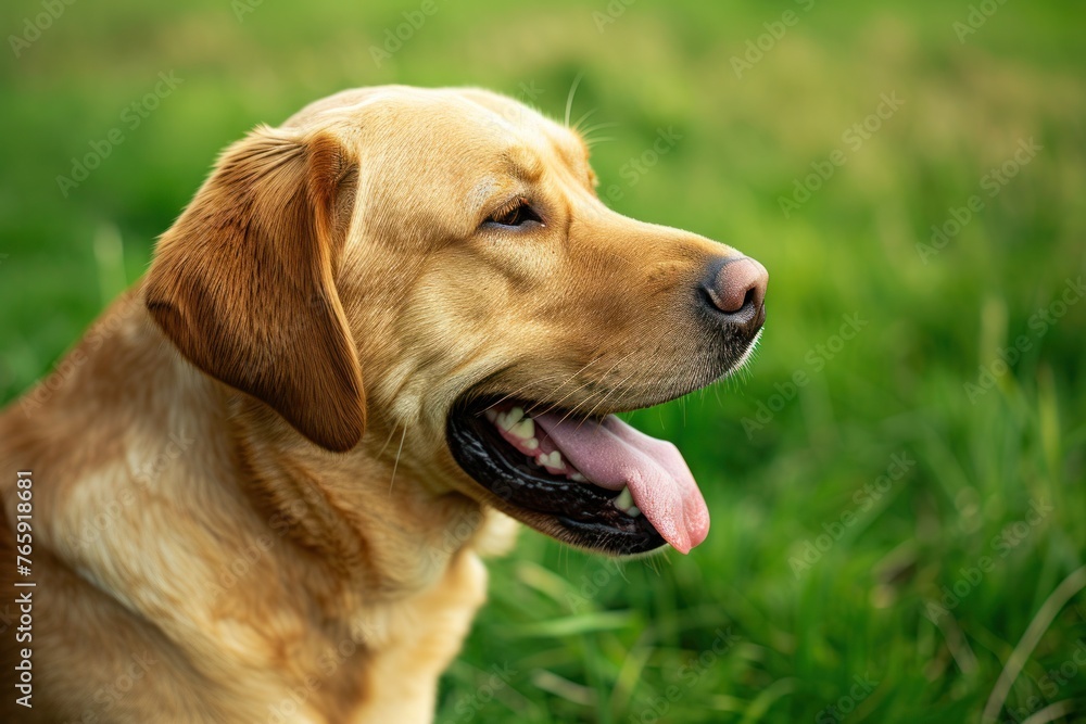 Close-up of a joyful Labrador located on the right side of the frame with a green grass background, providing Close-up of a joyful Labrador located on the right side of the frame with a green grass background, providing