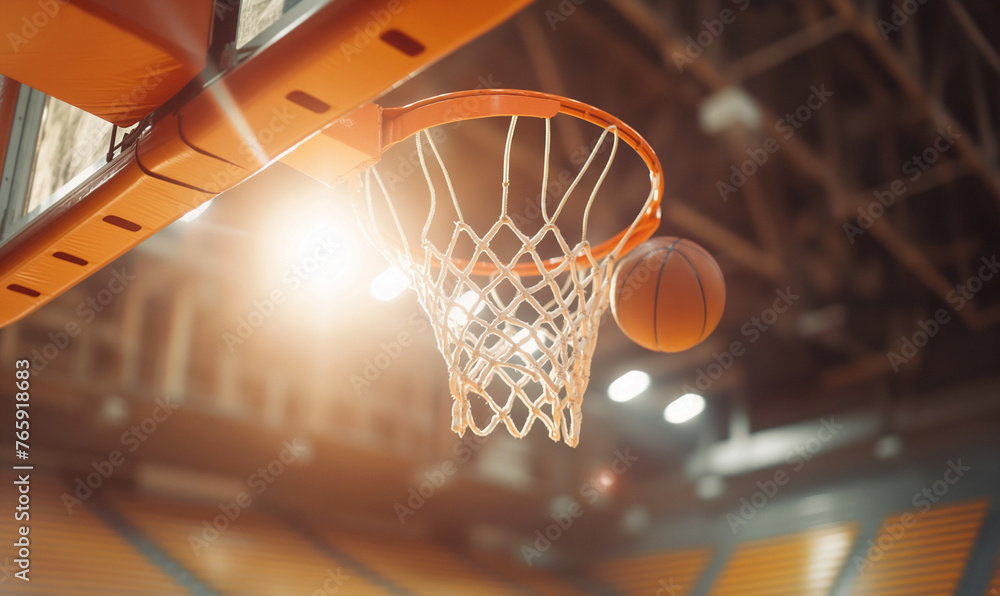 Basketball Hoop Close-Up with Arena Glow - Sports Photography