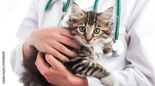 cheerful veterinarian cradling a contented kitten against a clean white background, with generous copy space for text, close up