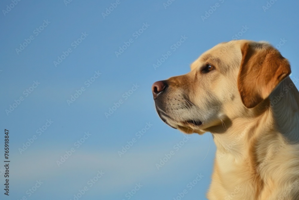 Close-up portrait of a Labrador sitting on the left side of the frame against a soft blue sky background, providing space for text on the right (Copy Space). Close-up portrait of a Labrador sitting on the left side of the frame against a soft blue sky background, providing space for text on the right (Copy Space).