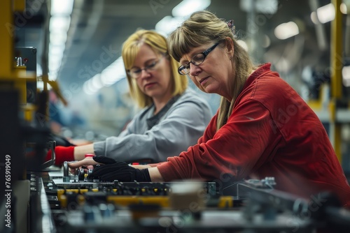 Two Women Working Together on Assembly Line, Industrial Setting