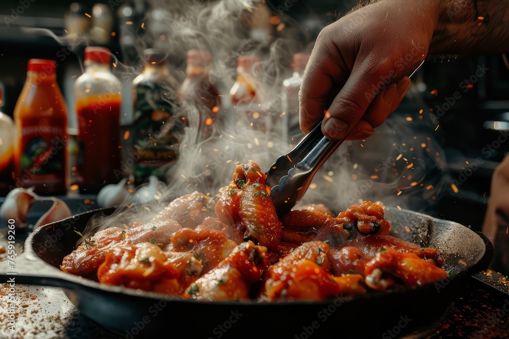 Hot Buffalo Wings Being Served, Fiery Skillet Scene