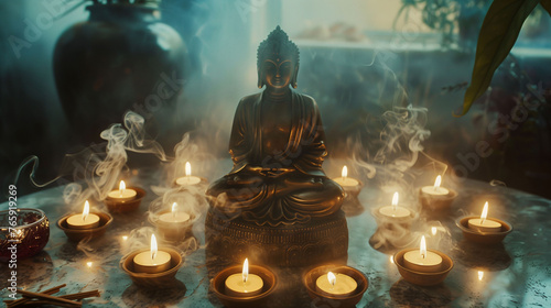 Meditative Buddha statue with multiple candles in dim light
