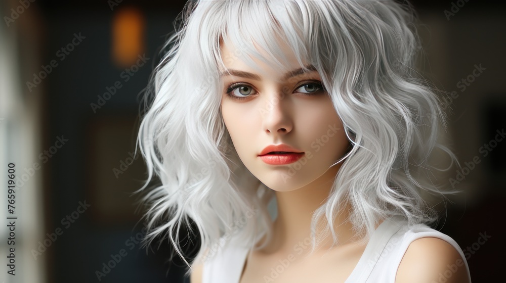 Portrait of a beautiful young woman with blue eyes and white hair