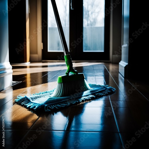 Mop on the floor in the room. House cleaning concept. Generative AI photo