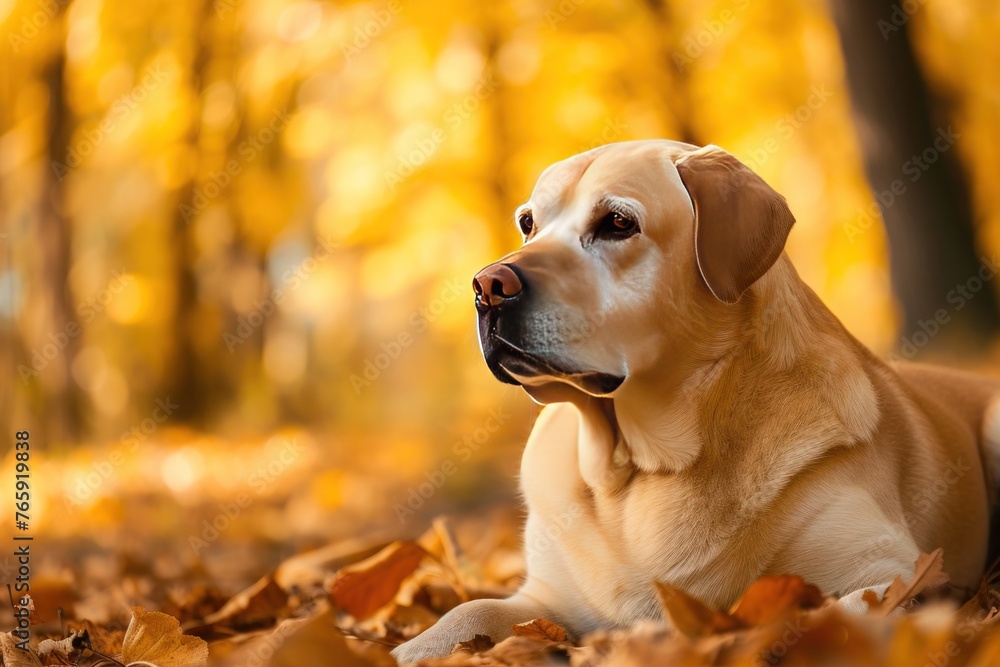 Majestic Labrador lying down on the left side of the frame against a vibrant autumn forest background, with space for text on the right (Copy Space).