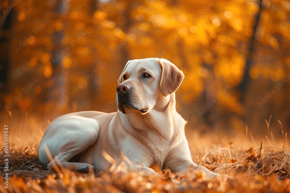 A yellow labrador retriever is resting among leaves in the forest
