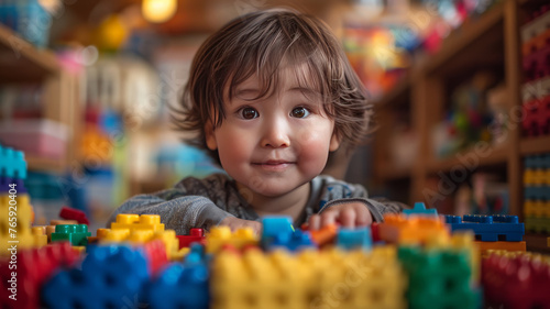 A toddler happily tidying up toys in a colorful playroom, the child picking up blocks and placing them in a toy chest,generative ai