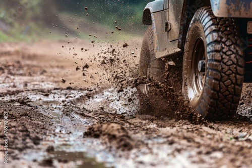 An off road vehicle drives along a muddy track and stirs up a lot of dirt.