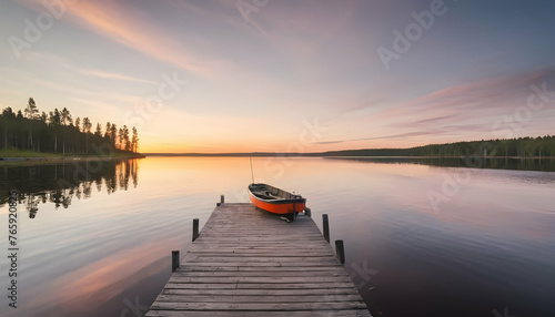 Sunset on a lake wooden pier with fishing boat at sunset in finland