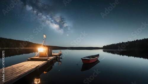 Space Night on a lake wooden pier with fishing boat at Space Night in fineland with Spaceship Planet Mercury