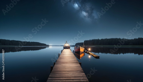 Space Night on a lake wooden pier with fishing boat at Space Night in fineland with Spaceship Planet Mercury