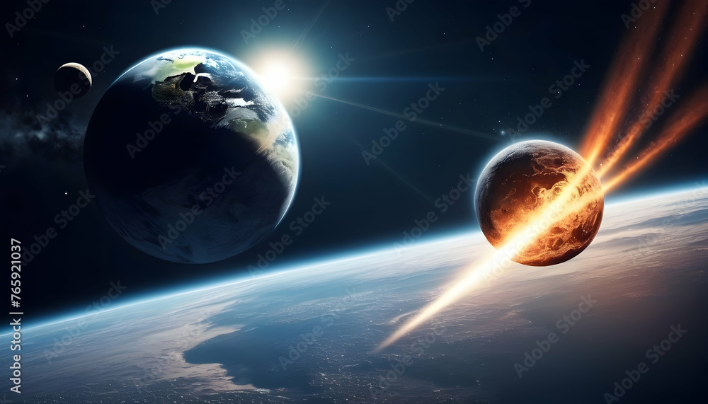 Abstract scientific background - comet approaches planet earth, moon in space. Elements of this image furnished by NASA,Ai - obrazy, fototapety, plakaty 