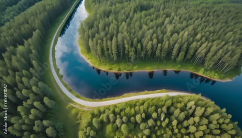 Aerial top view of country road in green summer forest and blue lake rural landscape in finland drone photography From Above