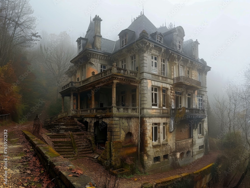 A very old house in the foggy woods with stairs. Generative AI.