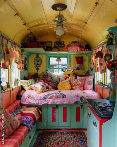 A colorful RV with a bed and a couch inside of it. Generative AI.