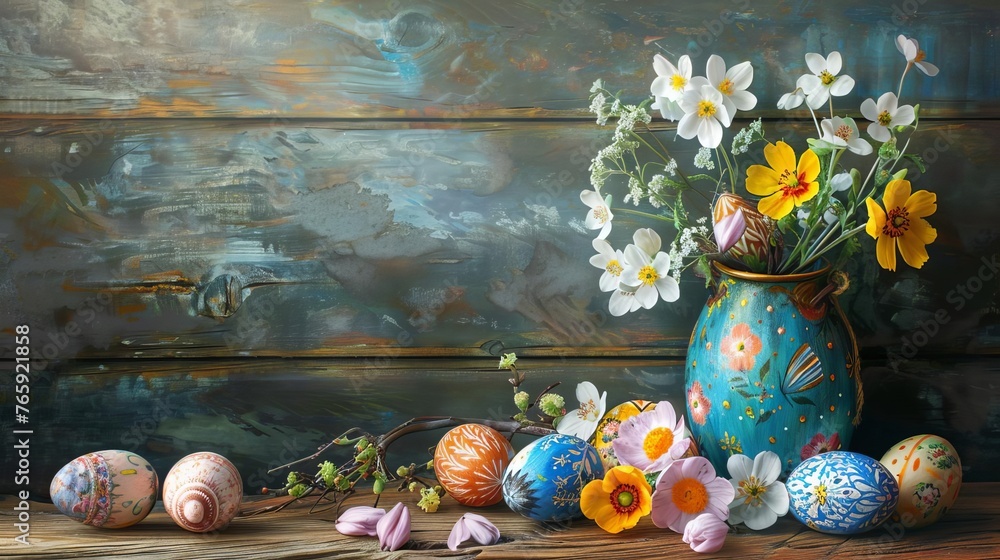 Colorful Easter eggs and spring flowers on rustic wooden background, traditional holiday still life, digital painting - obrazy, fototapety, plakaty 