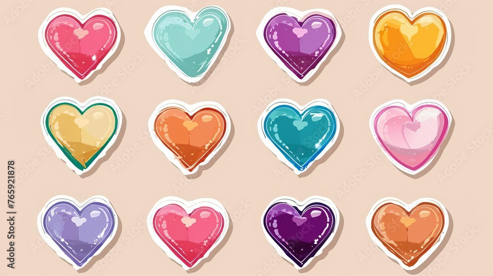 Colorful Heart Stickers Expressing Love and Affection in Various Shades and Styles, Vector Illustration Colorful Heart Stickers Expressing Love and Affection in Various Shades and Styles, Vector Illustration