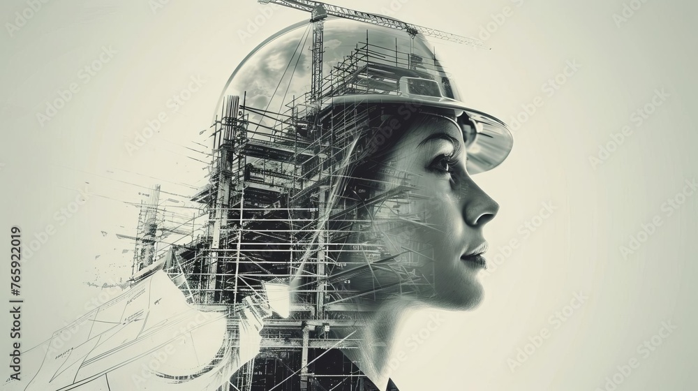 Double exposure of woman's face and construction blueprints, female engineer concept, digital art illustration