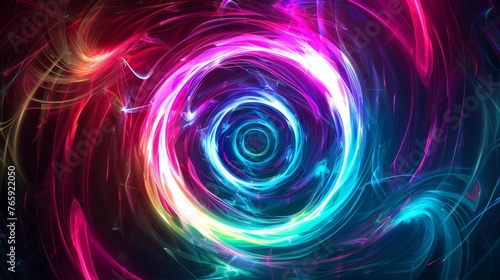 Dynamic abstract background with multicolored vortex flow, neon rays and glowing lines. Digital Art