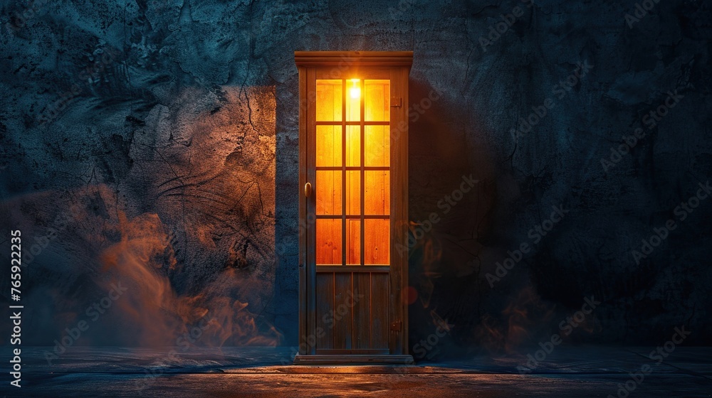 Old-fashioned style wooden phone booth with light inside on dark wall background - obrazy, fototapety, plakaty 