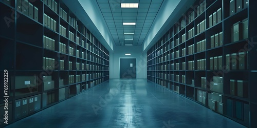 Secure archive room storing crime evidence and confidential files for missing person case in empty detective office. Concept Empty Detective Office, Secure Archive Room, Missing Person Case