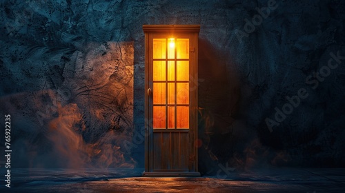 Old-fashioned style wooden phone booth with light inside on dark wall background