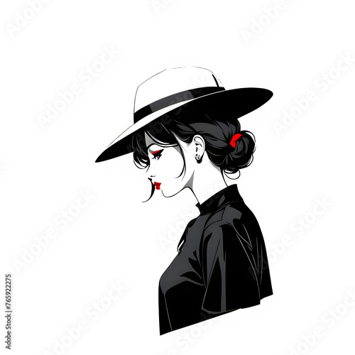 Simple illustration of beautiful woman wearing big hat, anime style, manga style