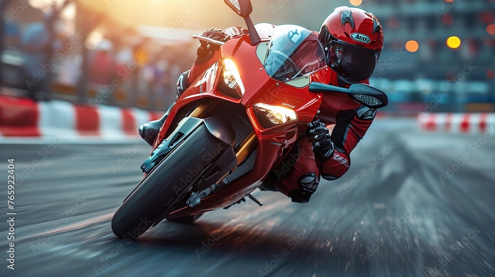 A racing motorcyclist racing at high speed in action on a racing track.