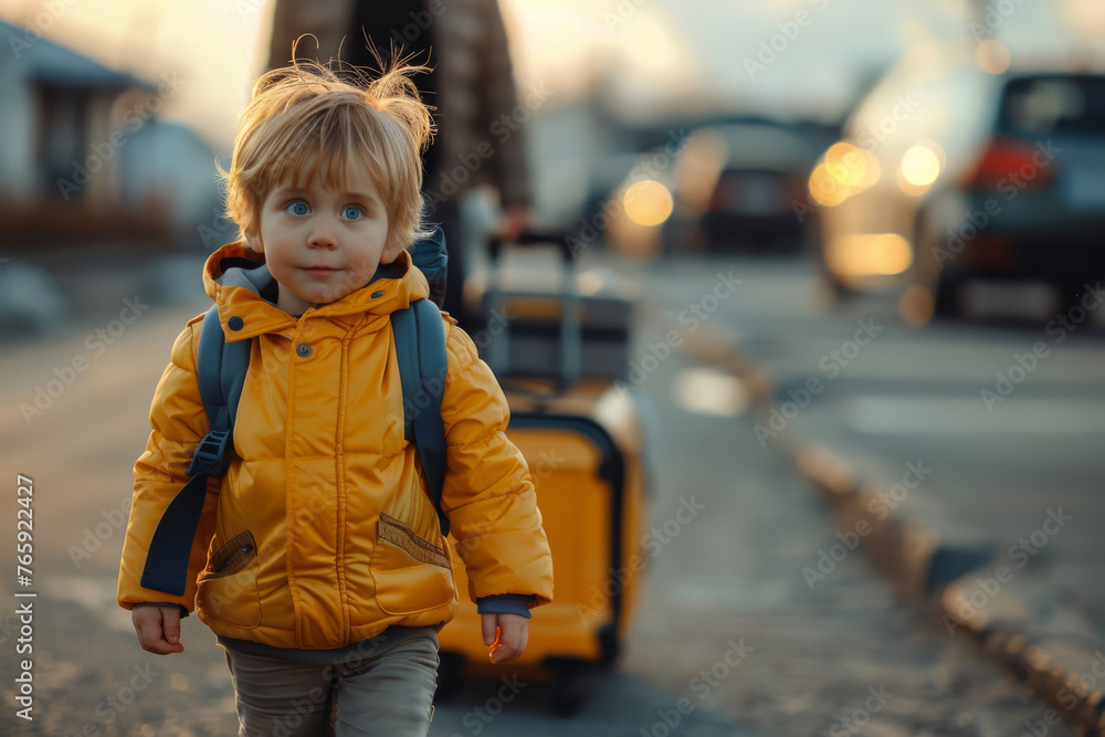 Young Child with Yellow Suitcase on Street.
A small child in a yellow jacket carries a matching suitcase along an urban street, evoking a sense of adventure.

