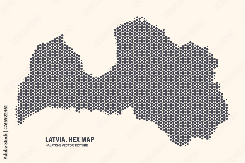 Latvia Map Vector Hexagonal Halftone Pattern Isolate On Light Background. Hex Texture in the Form of a Map of Latvia. Modern Technological Contour Map of Latvia for Design or Business Projects