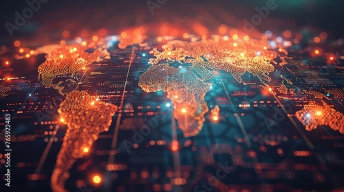 Glowing World Map on Dark Background Representing Global Networking and Connectivity, Futuristic Technology Concept © Jelena