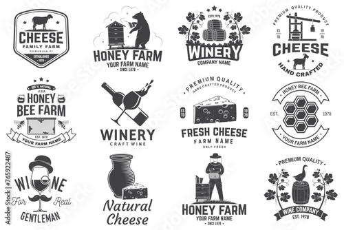 Set of wine company, cheese family, honey bee farm badge design. Template for logo, branding design with block cheese, glass of wine, bottle, milk farm. Vector illustration. Hand crafted product