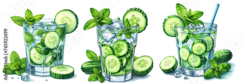 Delicious refreshing water with mint and cucumber in glass on white background.