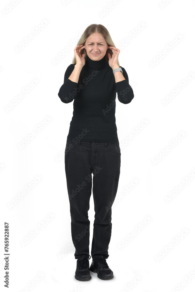 front view of woman covering her ears from noise on white background front view of woman covering her ears from noise on white background