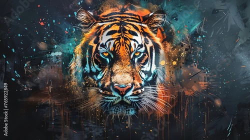 Majestic tiger portrait with paint drips and splashes, wildlife mixed media illustration