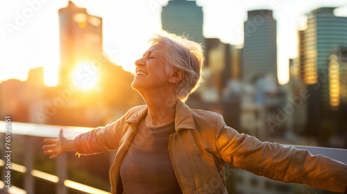 Mid-stretch, a joyful mature woman enjoys a moment of relaxation on a pedestrian bridge, the city skyline in the background bathed in sunlight, natural light, soft shadows, with co photo
