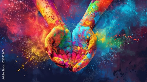 Vibrant illustration of hands throwing colorful powder for Holi celebration. Digital art. Indian festival concept