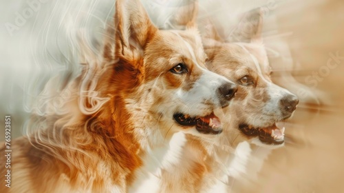 A close-up photo of a corgi dog with its own silhouette. Portrait of a dog shot with a double exposure