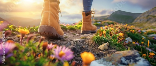 Close up of a female hiker's feet in boots walking on a mountain path with flowers. AI generated illustration photo